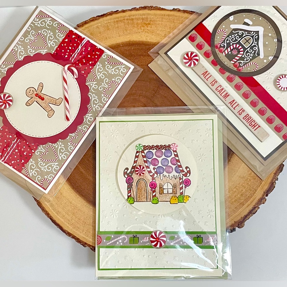 Handmade Christmas Greeting Cards - Gingerbread Theme - Set of 3 Assorted